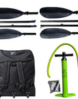 Cambridge Kayaks VoyagAir 2 inflatable kayak accessories including two paddles, hand pump, hose, wheeled carry bag and repair kit