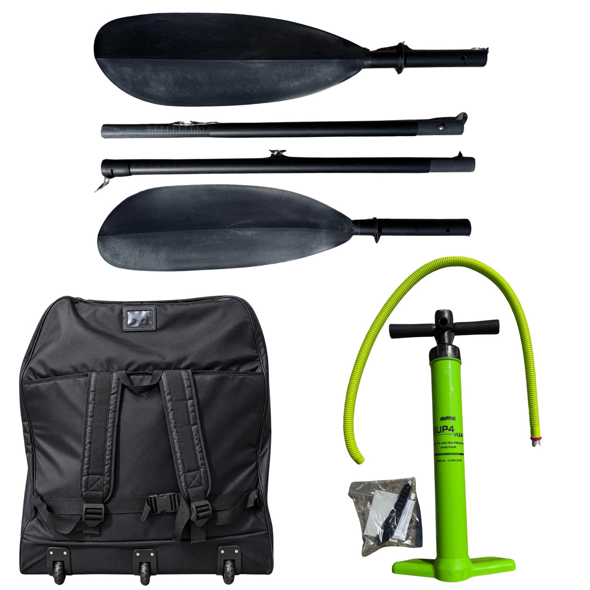 Cambridge Kayaks VoyagAir 2 inflatable kayak accessories including two paddles, hand pump, hose, wheeled carry bag and repair kit