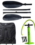 Cambridge Kayaks VoyagAir 2 inflatable kayak accessories including two paddles, hand pump, hose, wheeled carry bag and repair kit