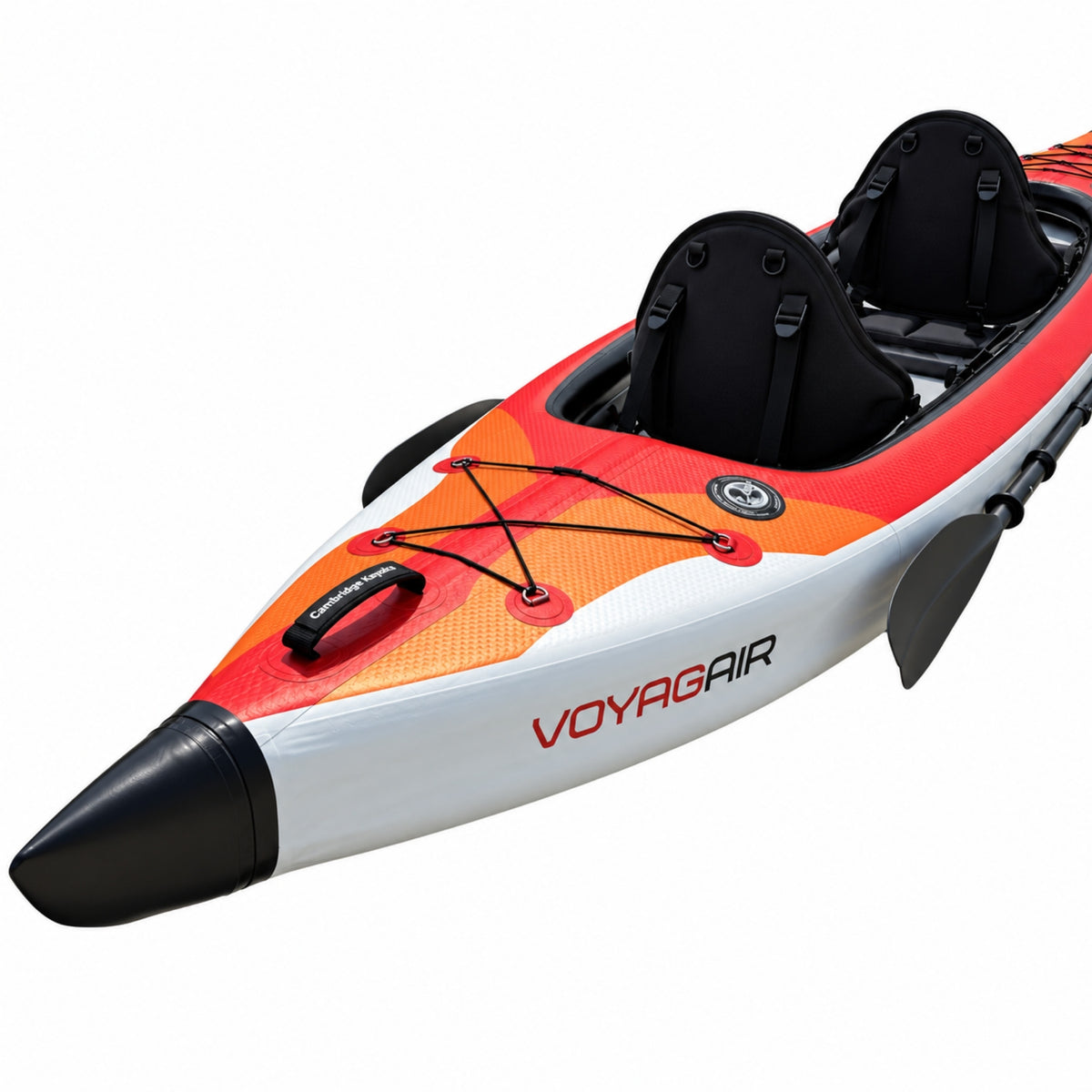 Orange Cambridge Kayaks VoyagAir 2 inflatable touring kayak showing bow storage, seats and side paddle