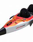 Orange Cambridge Kayaks VoyagAir 2 inflatable touring kayak showing bow storage, seats and side paddle