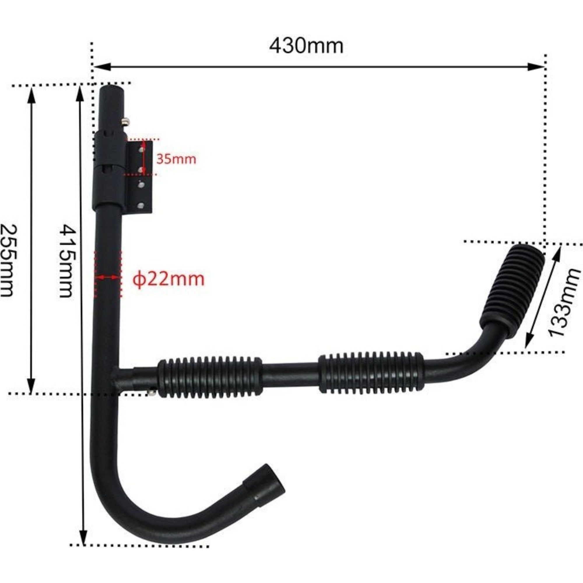 Cambridge Kayaks wall rack with measurement guide showing height, width, and arm extension dimensions.