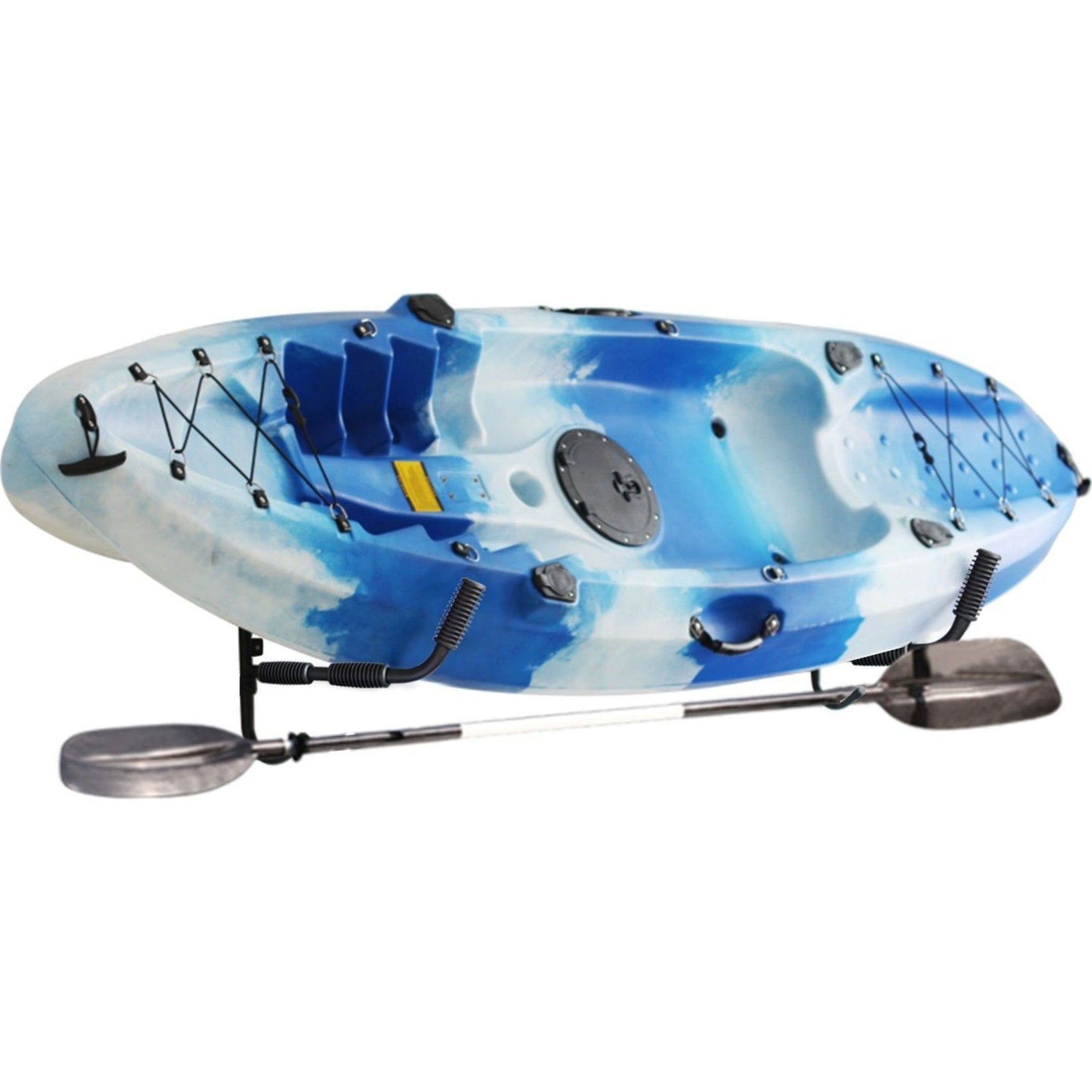 Blue and white kayak mounted on Cambridge Kayaks wall rack showing rack in use.
