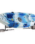 Blue and white kayak mounted on Cambridge Kayaks wall rack showing rack in use.