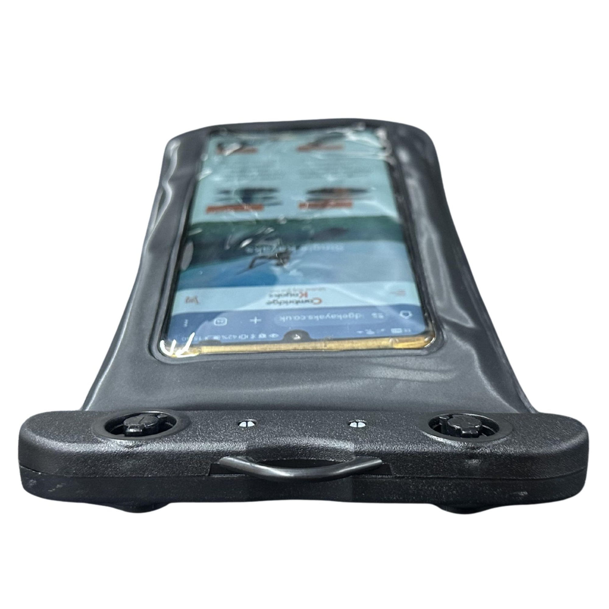 Angled view of the Cambridge Kayaks waterproof phone case showing waterproof sealing and screen clarity.