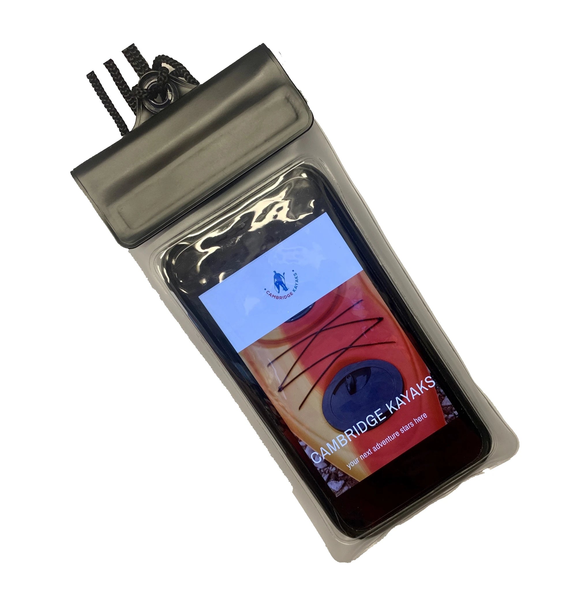 Angled view of the Cambridge Kayaks waterproof phone case showing the clear front window, secure top seal, and lanyard attachment for hands-free water safety when kayaking or canoeing.