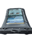 Angled view of the Cambridge Kayaks waterproof phone case showing waterproof sealing and screen clarity.