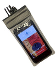 Angled view of the Cambridge Kayaks waterproof phone case showing the clear front window, secure top seal, and lanyard attachment for hands-free water safety when kayaking or canoeing.