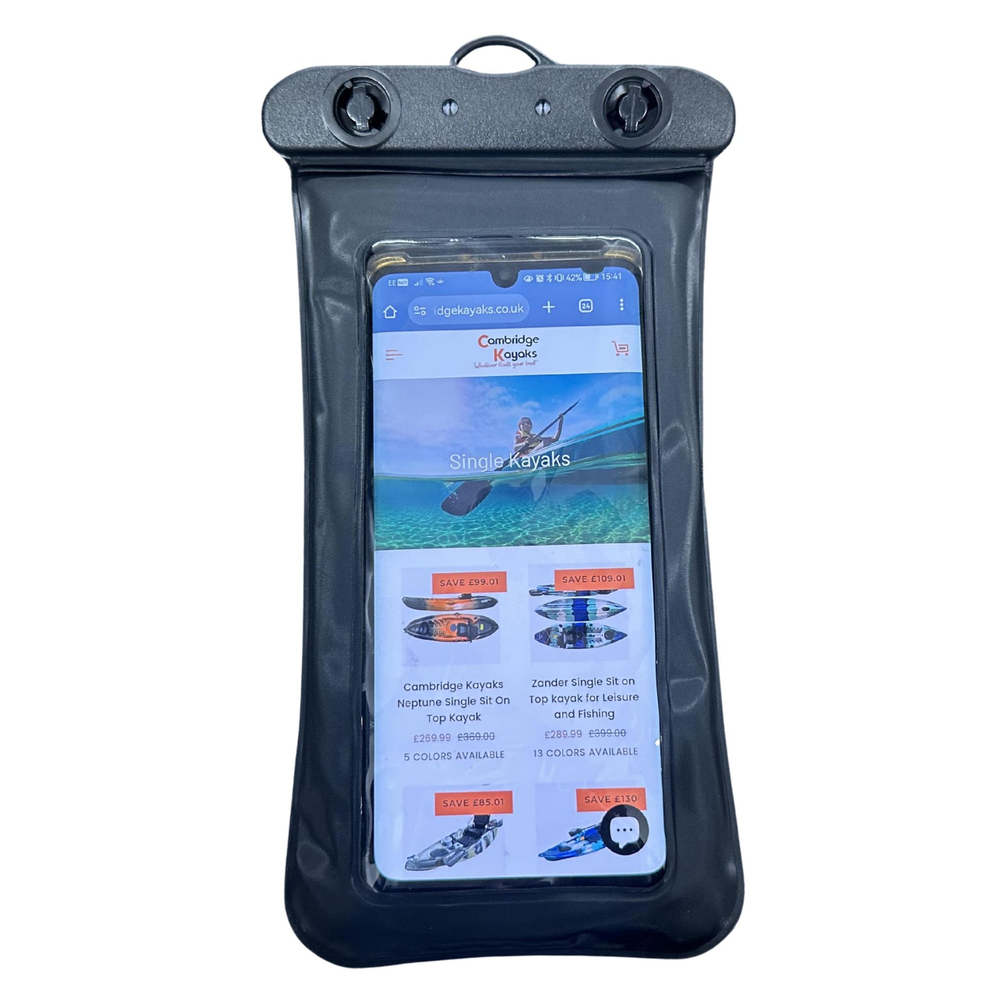Cambridge Kayaks waterproof phone case lying flat on a surface with locking seal and transparent display window visible.