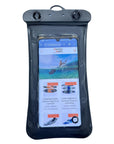Cambridge Kayaks waterproof phone case lying flat on a surface with locking seal and transparent display window visible.