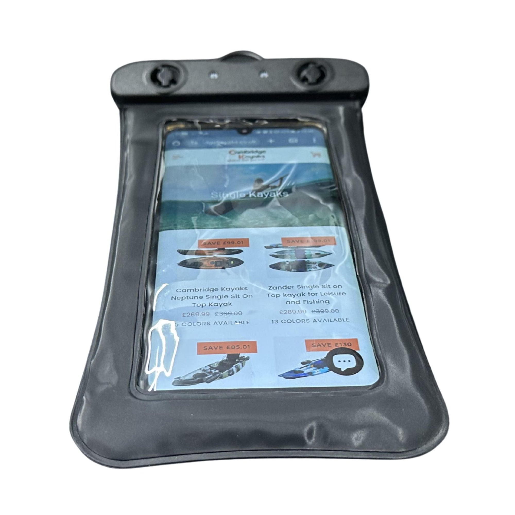 Front-facing view of the Cambridge Kayaks waterproof phone case standing vertically, showing the phone screen clearly.