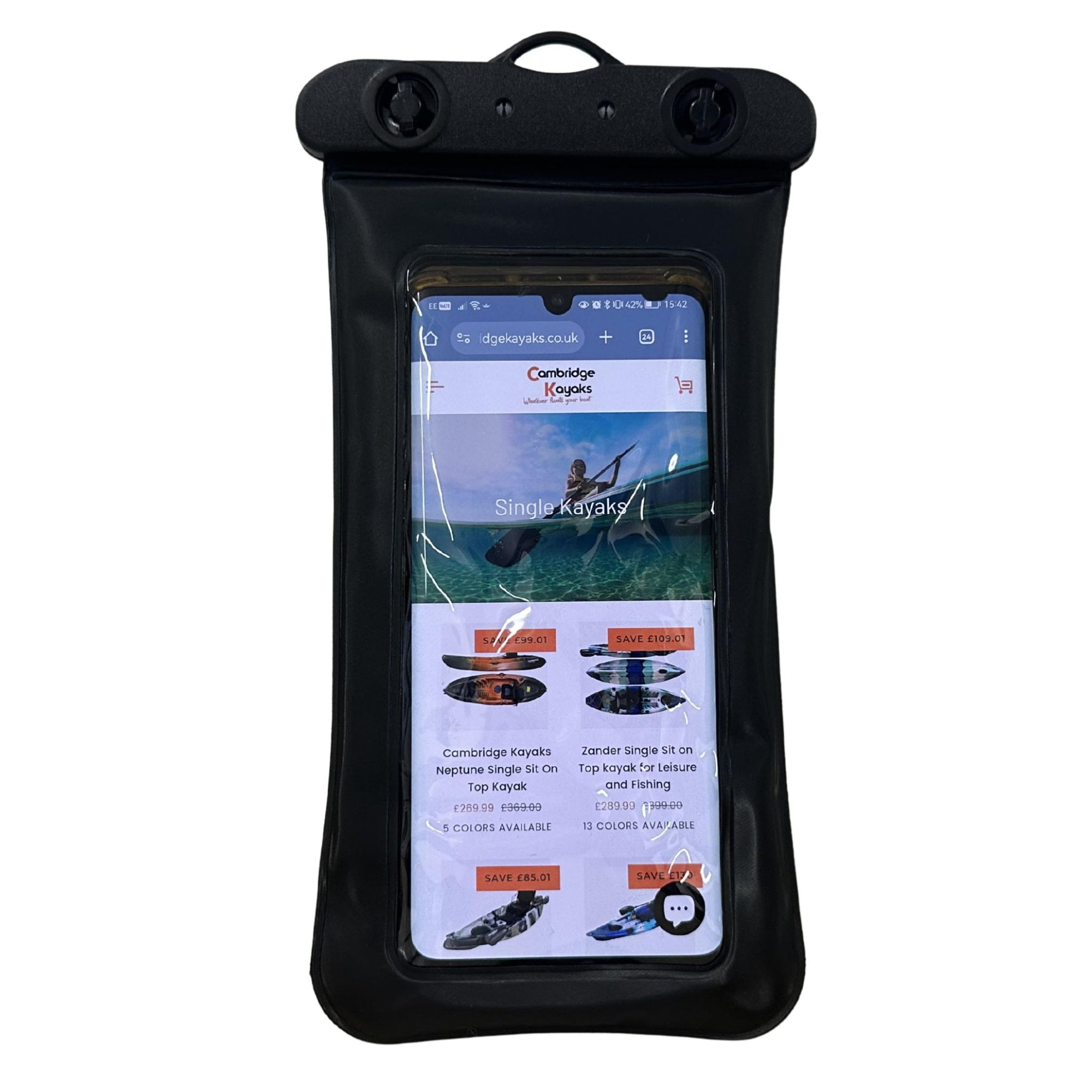 Cambridge Kayaks waterproof phone case displayed upright, showing the transparent front and sealed edges.