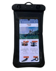 Cambridge Kayaks waterproof phone case displayed upright, showing the transparent front and sealed edges.
