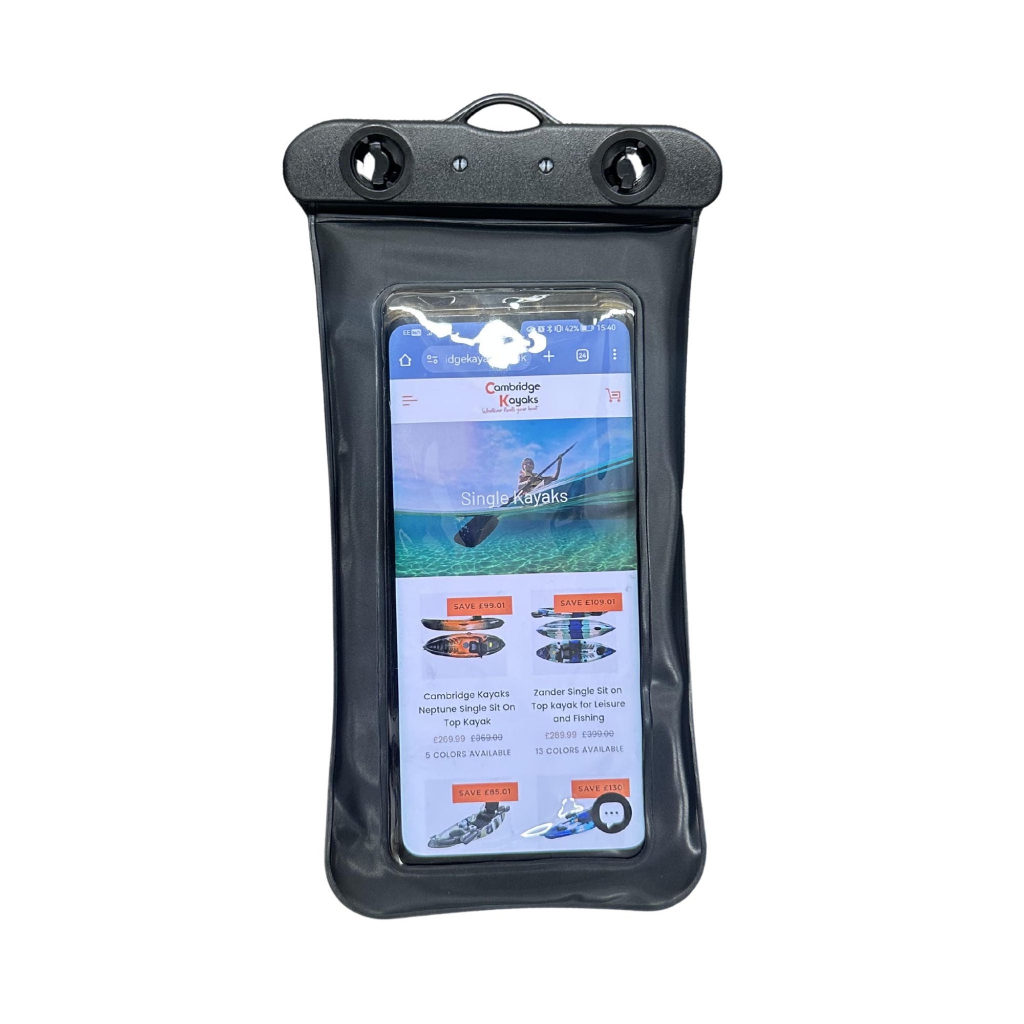 Top view of the Cambridge Kayaks waterproof phone case highlighting the dual locking clips and hanging loop.