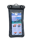 Top view of the Cambridge Kayaks waterproof phone case highlighting the dual locking clips and hanging loop.
