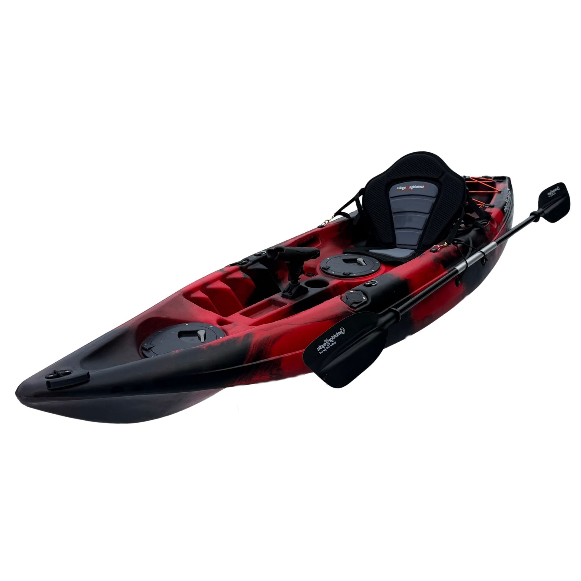 Cambridge Kayaks Zander single sit-on-top kayak in red and black camo with padded back seat, storage hatches, and paddle, designed for leisure paddling and kayak fishing on rivers, lakes, and coastal waters.