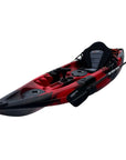 Cambridge Kayaks Zander single sit-on-top kayak in red and black camo with padded back seat, storage hatches, and paddle, designed for leisure paddling and kayak fishing on rivers, lakes, and coastal waters.