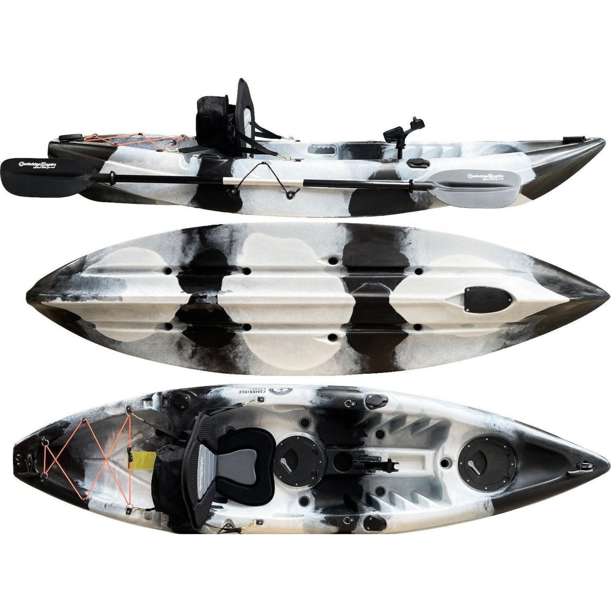 Cambridge Kayaks Zander single sit on top kayak in black and white camo, durable recreational kayak for sea, river and lake paddling