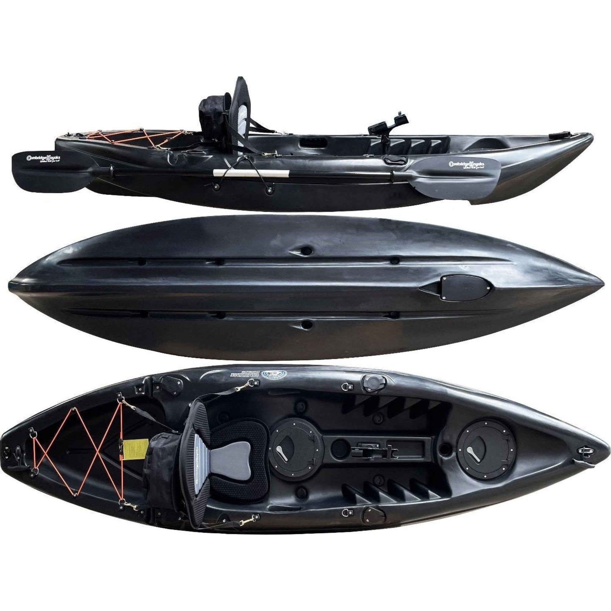 Cambridge Kayaks Zander single sit on top kayak in solid black, compact and lightweight kayak for leisure paddling and fishing trips