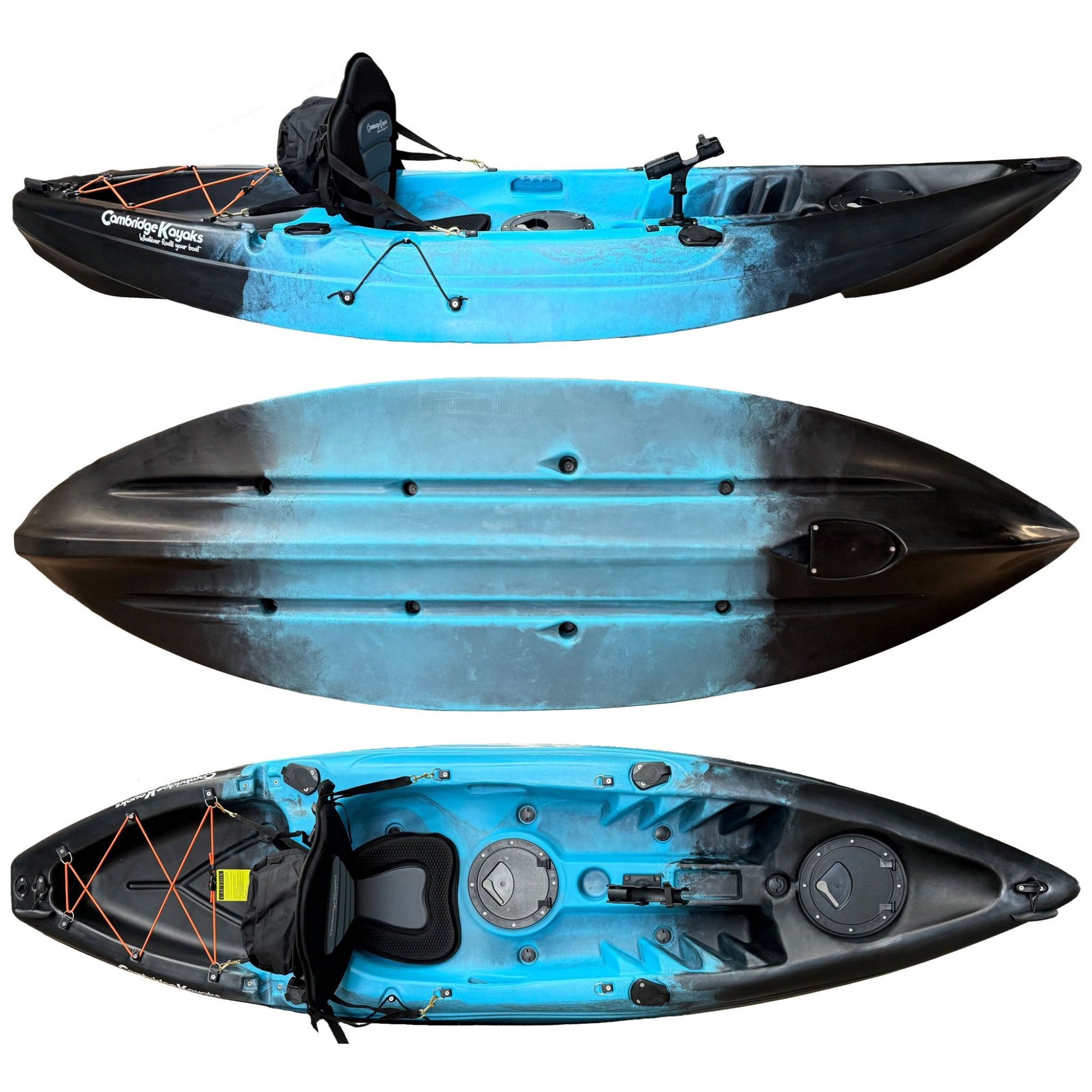 Cambridge Kayaks Zander single sit on top kayak in blue black fade, versatile kayak for fishing, coastal paddling and recreational touring