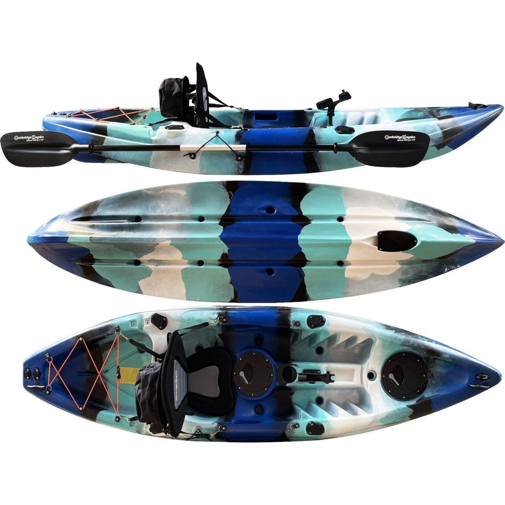 Cambridge Kayaks Zander single sit on top kayak in blue white black camo, stable leisure and fishing kayak with storage and padded seat