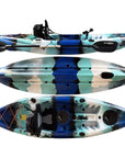 Cambridge Kayaks Zander single sit on top kayak in blue white black camo, stable leisure and fishing kayak with storage and padded seat