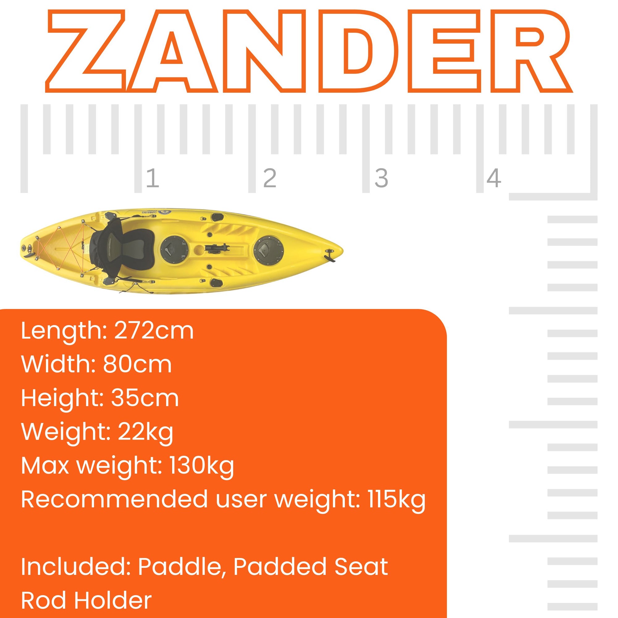Detailed dimensions diagram of the Cambridge Kayaks Zander single sit on top kayak showing length, width and specifications