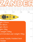 Detailed dimensions diagram of the Cambridge Kayaks Zander single sit on top kayak showing length, width and specifications