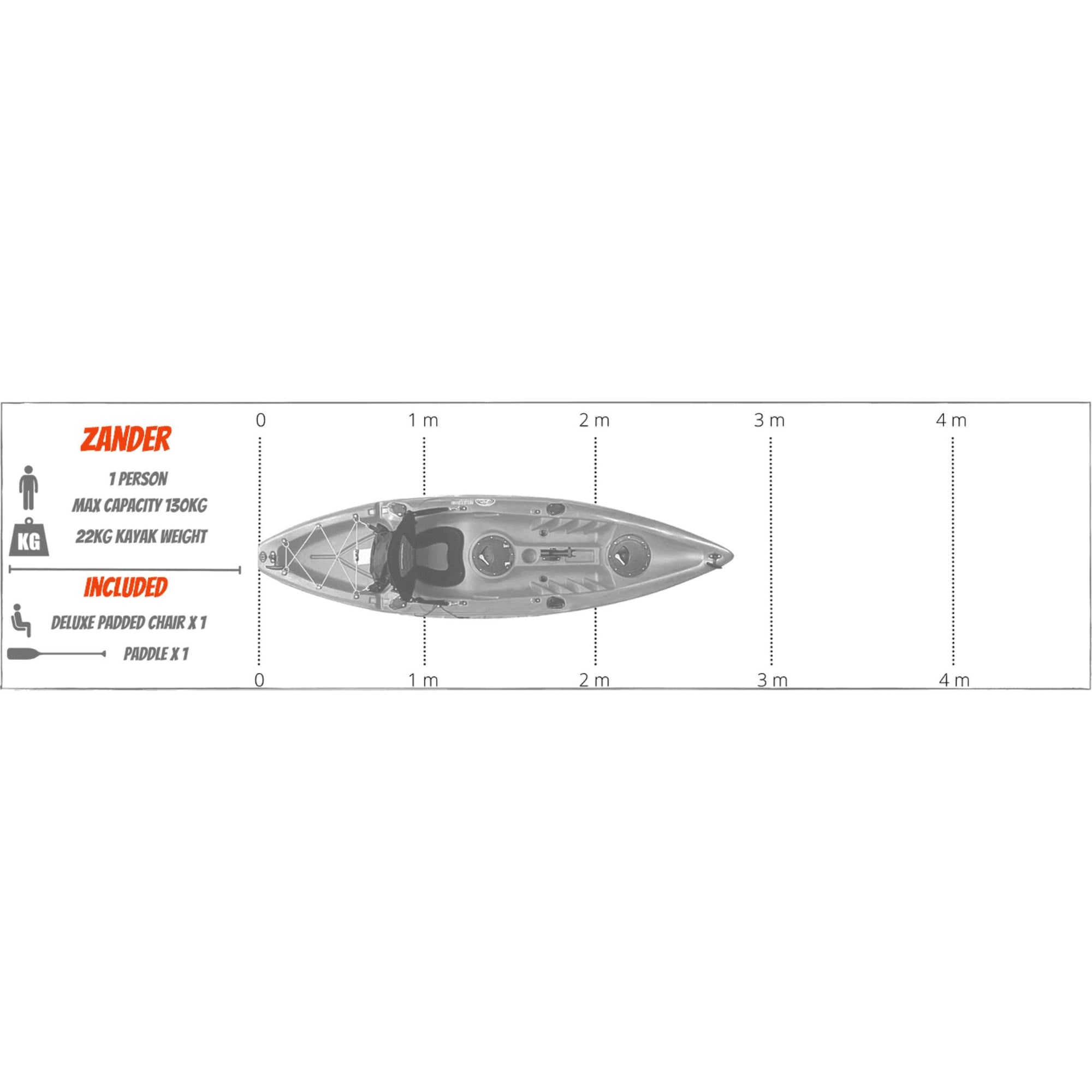 Detailed dimensions diagram of the Cambridge Kayaks Zander single sit on top kayak showing length, width and specifications