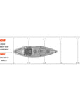Detailed dimensions diagram of the Cambridge Kayaks Zander single sit on top kayak showing length, width and specifications
