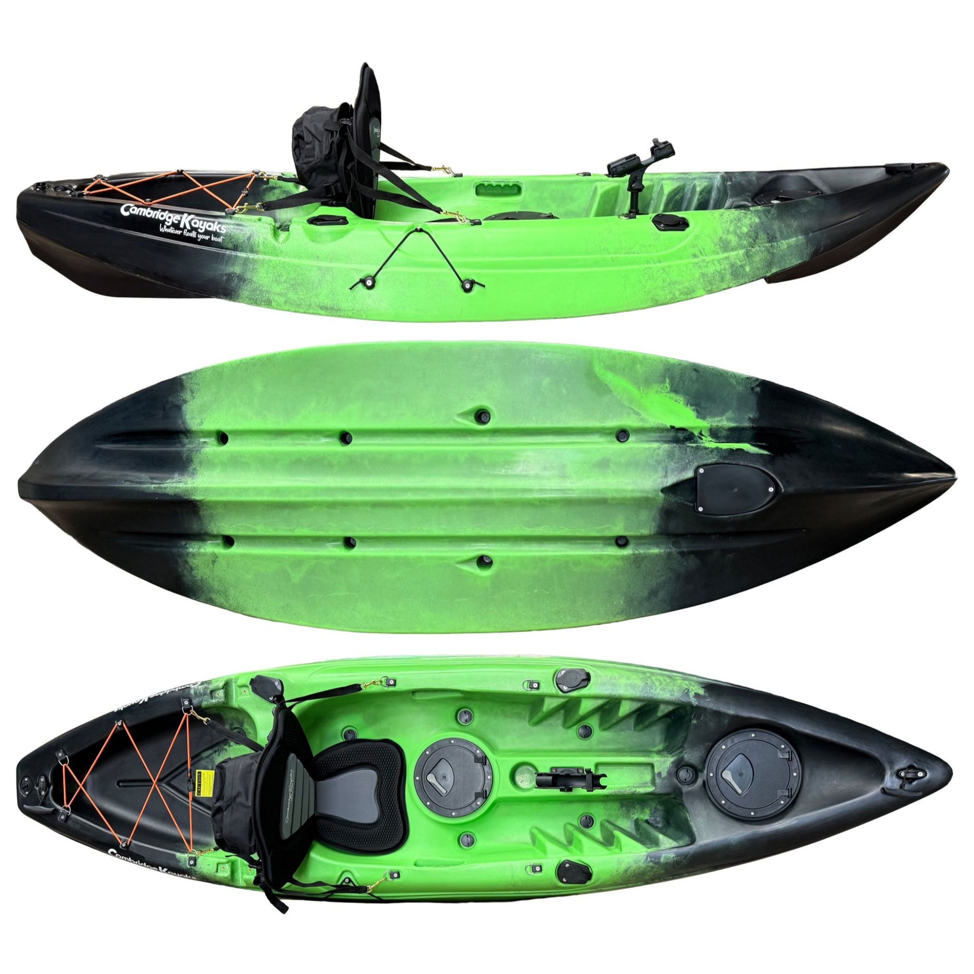Cambridge Kayaks Zander single sit on top kayak in green black fade, stable fishing and leisure kayak with storage and adjustable footrests