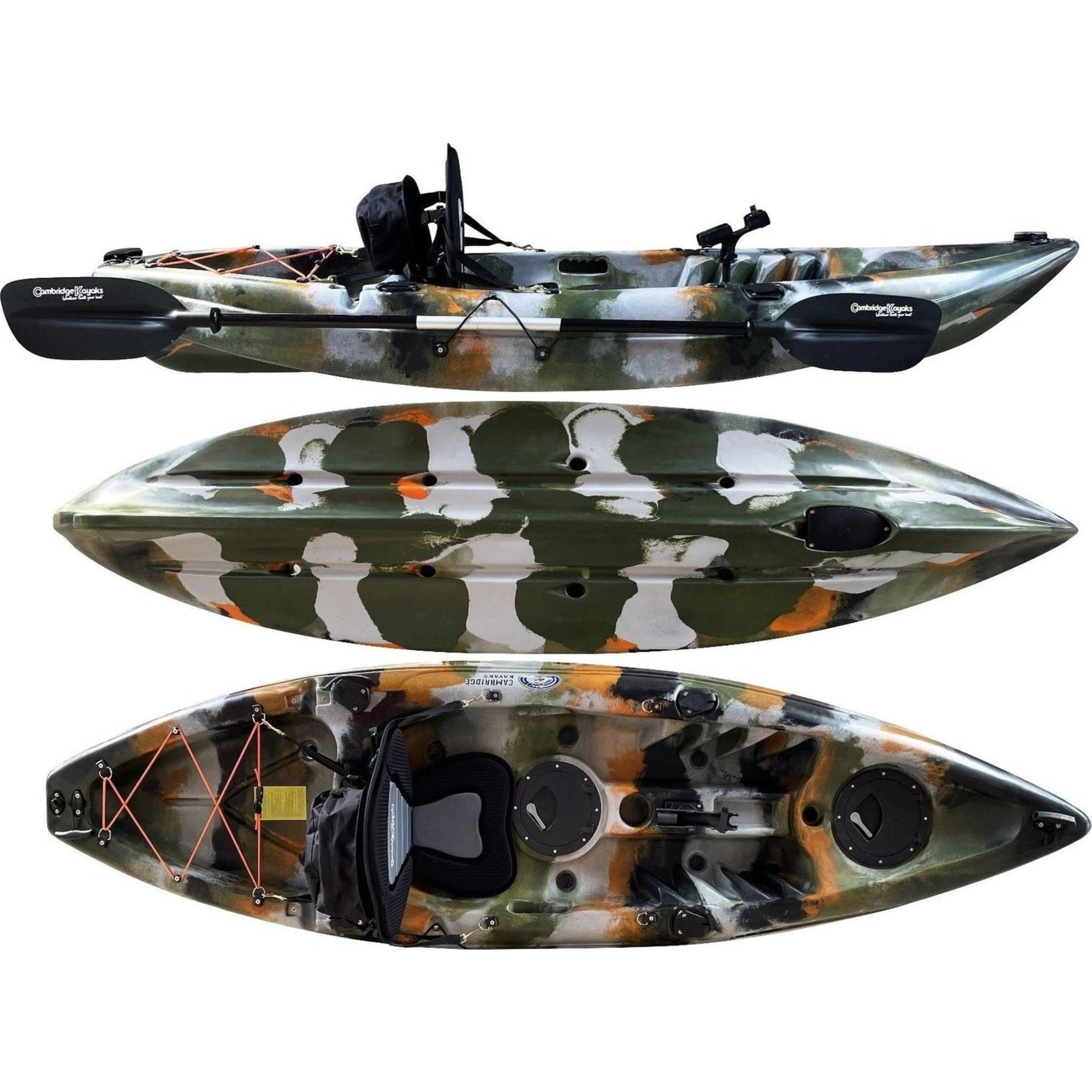 Cambridge Kayaks Zander single sit on top kayak in jungle camouflage, versatile sit on top kayak for fishing, touring and adventure use