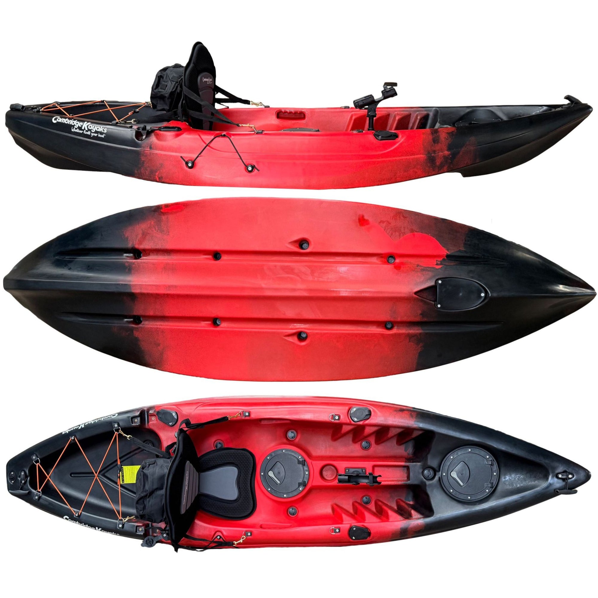 Cambridge Kayaks Zander single sit on top kayak in red black fade, sit on top kayak designed for fishing, leisure paddling and touring