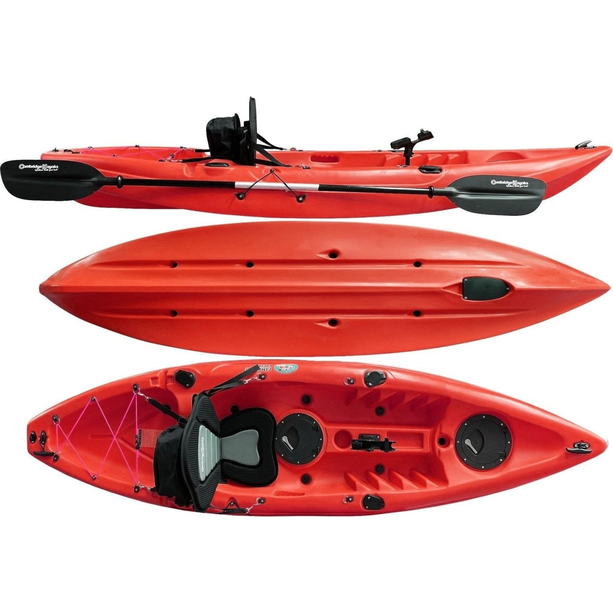 Cambridge Kayaks Zander single sit on top kayak in bright red, versatile design for recreational paddling on lakes, rivers and coastal waters