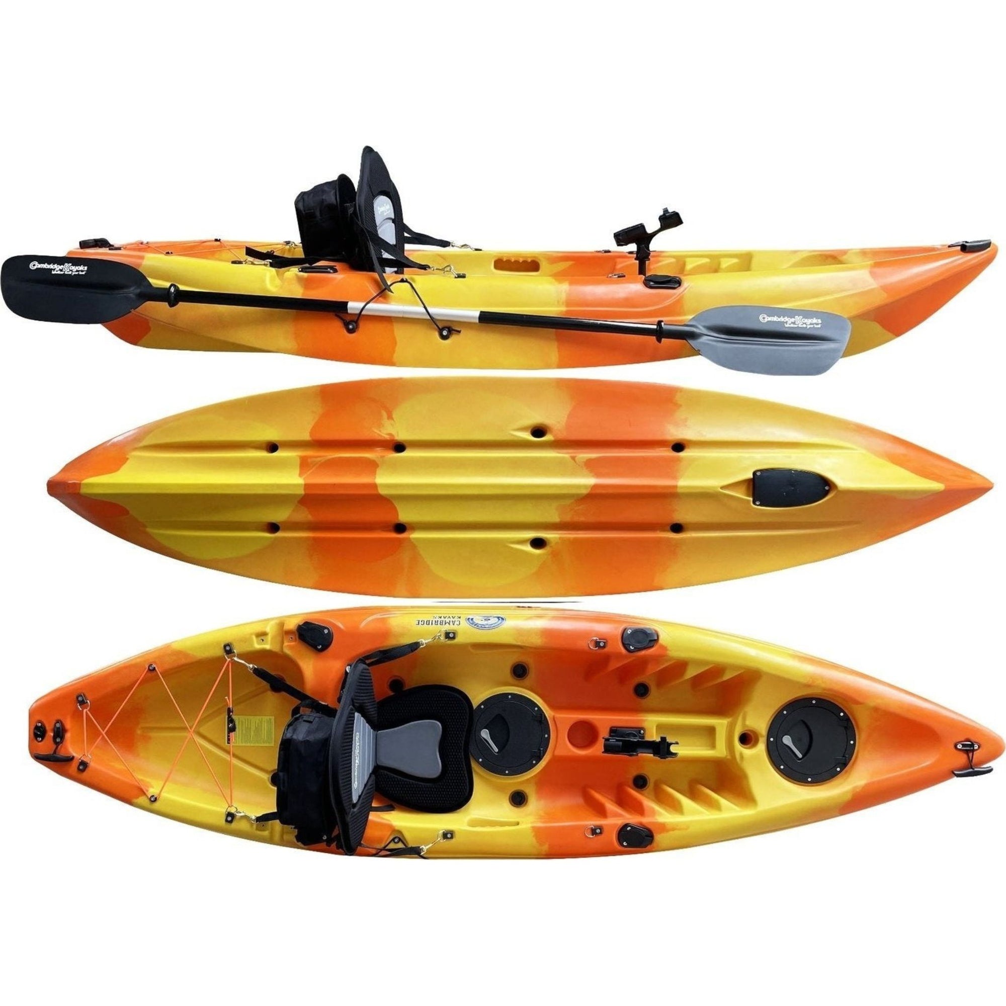 Cambridge Kayaks Zander single sit on top kayak in yellow orange fade, colourful design ideal for recreational use and family kayaking