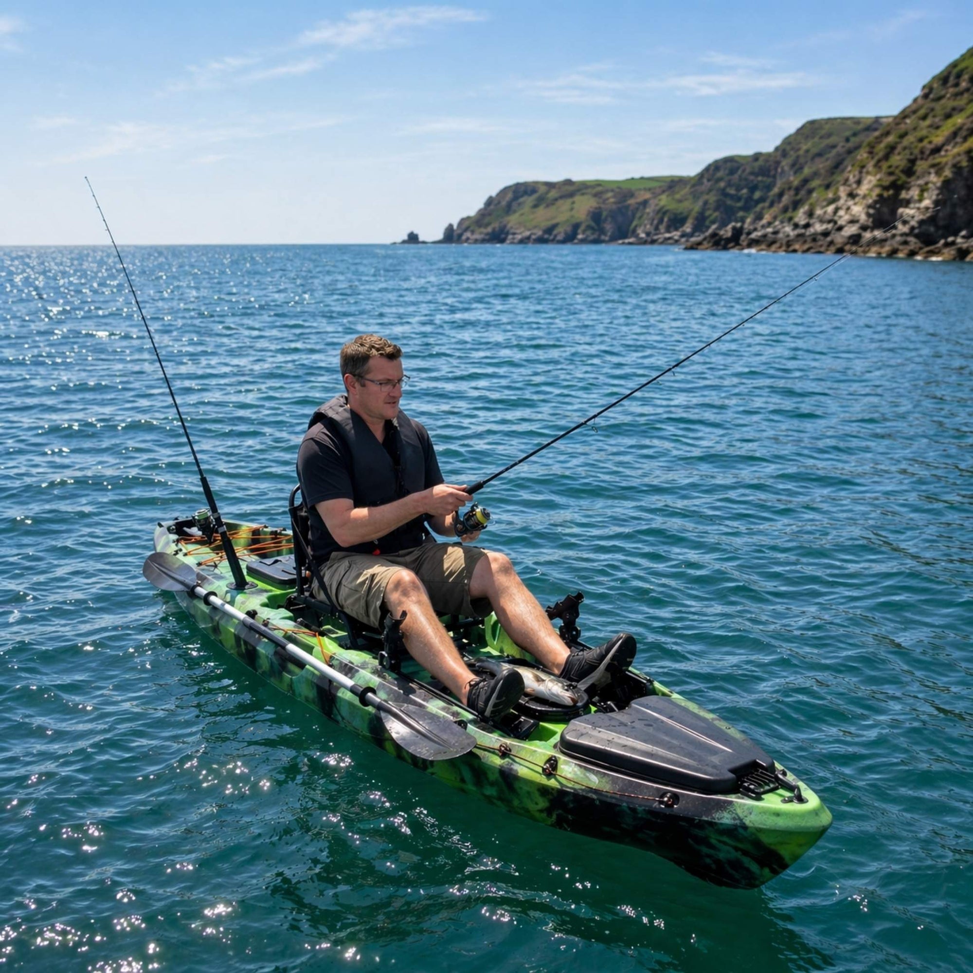 Discovery 10ft Pro fishing kayak with rod holders used on the sea