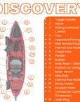 Cambridge Kayaks Discovery fishing kayak labelled diagram showing features such as upgraded fishing chair, hatches, rod holders, rudder system, and paddle.