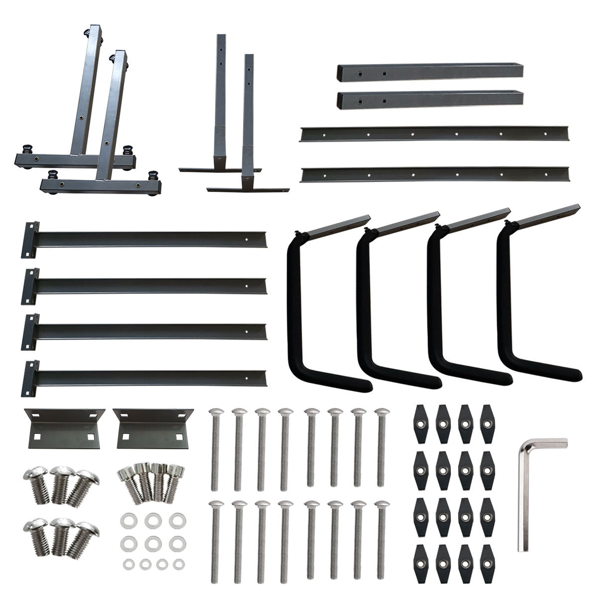 Complete assembly hardware and structural components for double kayak storage rack including steel vertical posts, support arms, stabilizing crossbars, bolts, fasteners, and all installation pieces required for setup