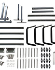 Complete assembly hardware and structural components for double kayak storage rack including steel vertical posts, support arms, stabilizing crossbars, bolts, fasteners, and all installation pieces required for setup