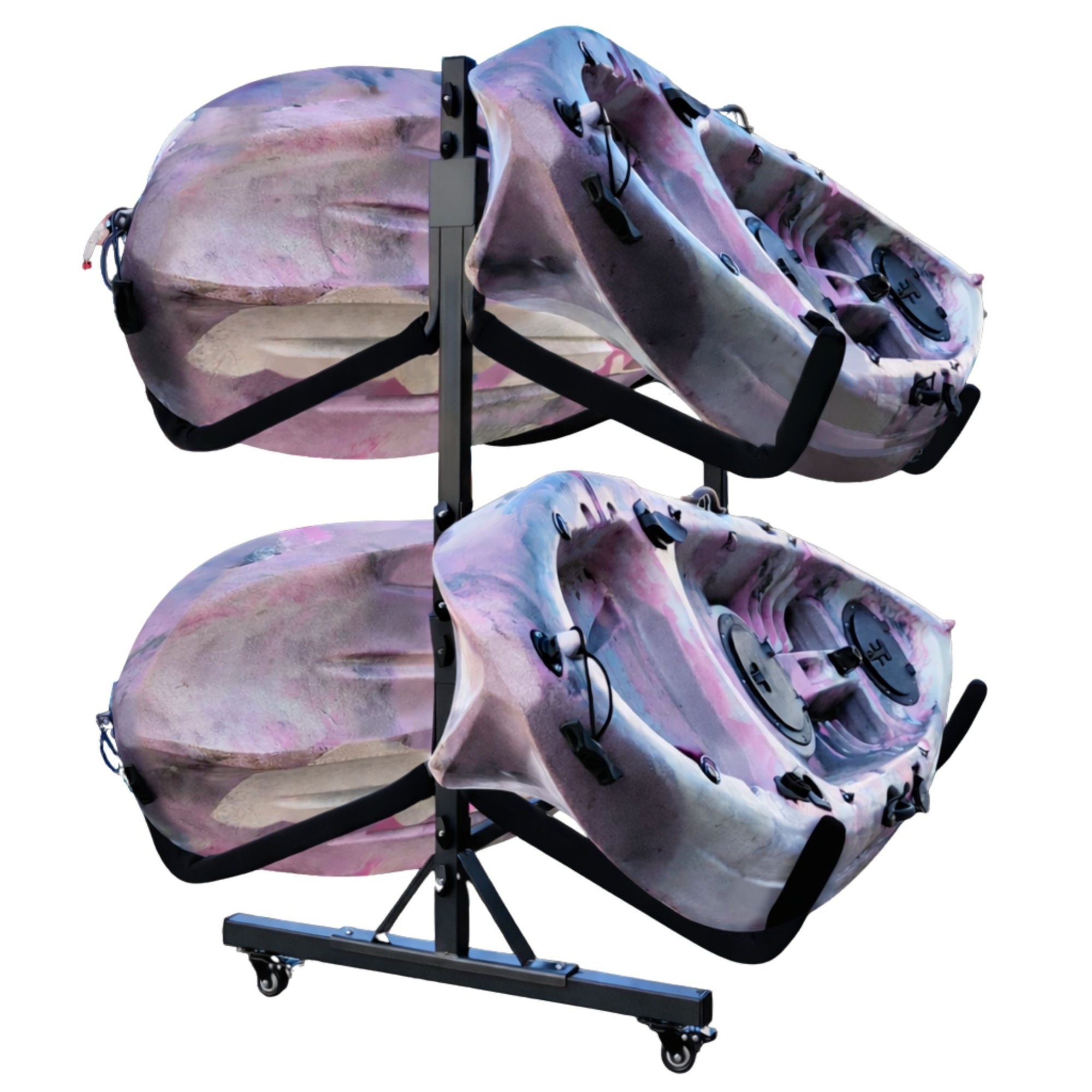 Heavy duty freestanding kayak storage rack holding four sit on top kayaks securely on padded angled arms, ideal for garage organization, shed storage, marina, or boat house use