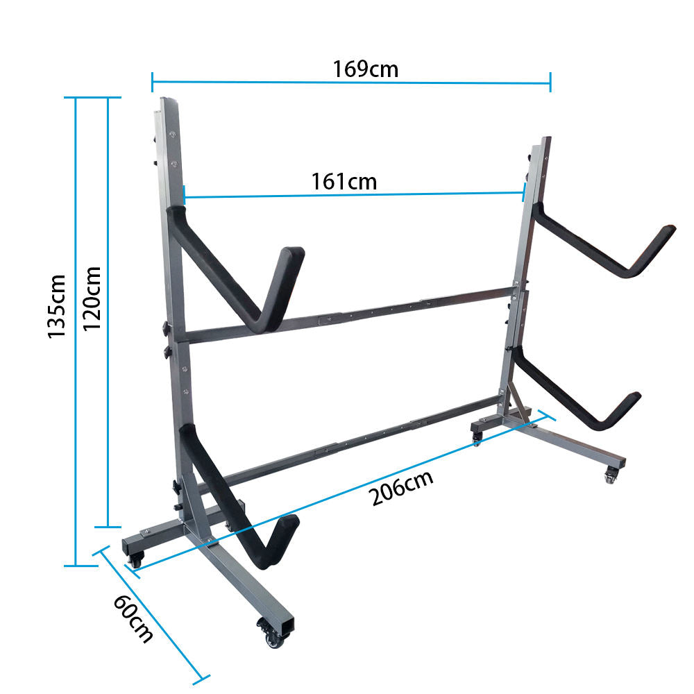 Detailed dimensions diagram of freestanding two kayak storage rack showing overall height, total width, tier spacing, base footprint measurements, and structural layout for garage or indoor installation planning