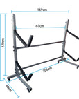 Detailed dimensions diagram of freestanding two kayak storage rack showing overall height, total width, tier spacing, base footprint measurements, and structural layout for garage or indoor installation planning