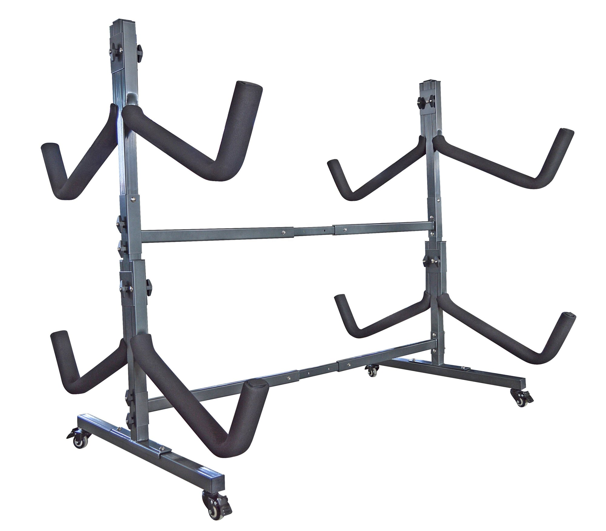 Freestanding adjustable four kayak storage rack made from heavy duty powder coated steel featuring multiple padded support arms and wide rolling base, designed to store up to four kayaks vertically in a garage, boat house, or indoor storage space