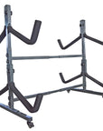 Freestanding adjustable four kayak storage rack made from heavy duty powder coated steel featuring multiple padded support arms and wide rolling base, designed to store up to four kayaks vertically in a garage, boat house, or indoor storage space