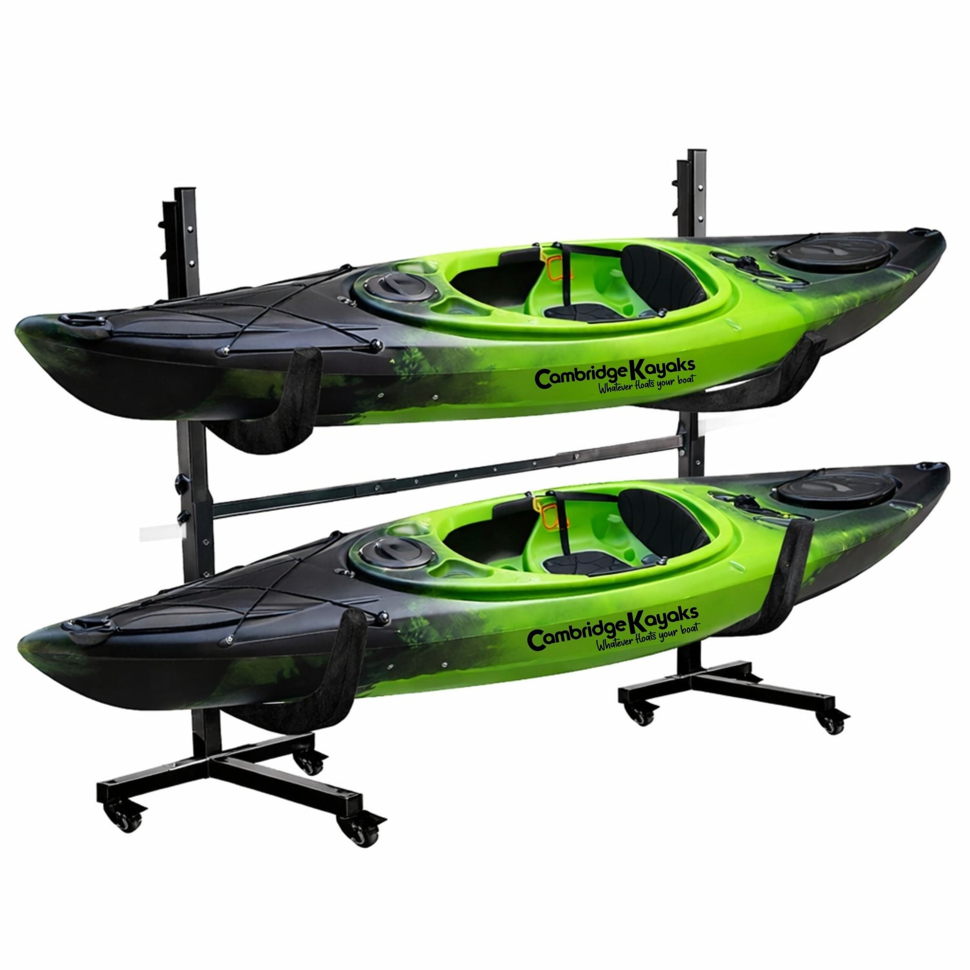 Freestanding double kayak storage rack constructed from heavy duty powder coated steel with padded support arms holding two green sit on top kayaks horizontally, designed for garage, indoor storage room, shed, or boat house organization