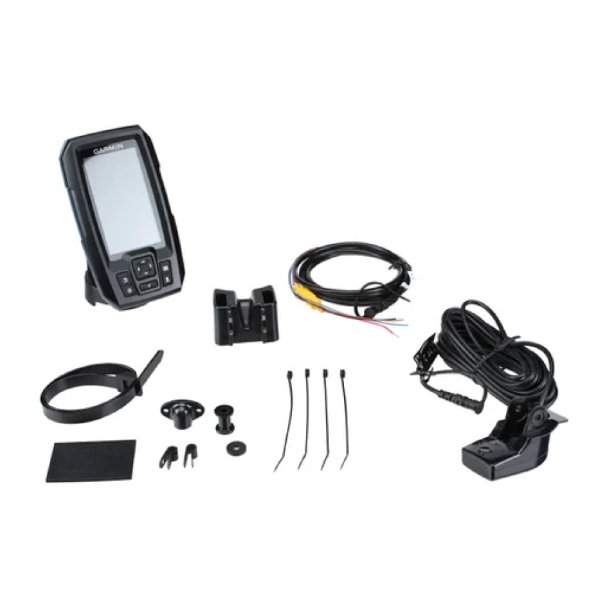 Garmin Striker Plus 4 unit laid out with cables, mount, and transducer shown from above for a clear view of included accessories.