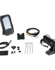 Garmin Striker Plus 4 unit laid out with cables, mount, and transducer shown from above for a clear view of included accessories.