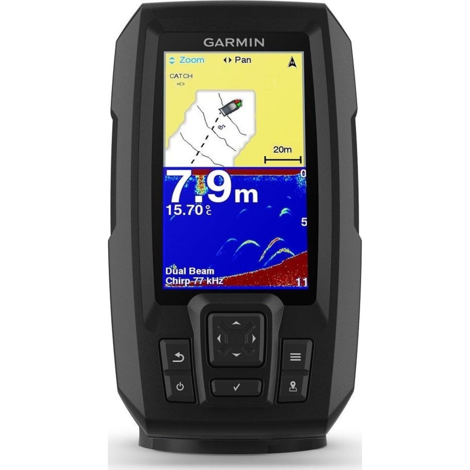Garmin Striker Plus 4 showing the sonar display in operation with depth and fish indicators visible on the bright color screen.