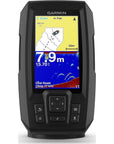 Garmin Striker Plus 4 showing the sonar display in operation with depth and fish indicators visible on the bright color screen.