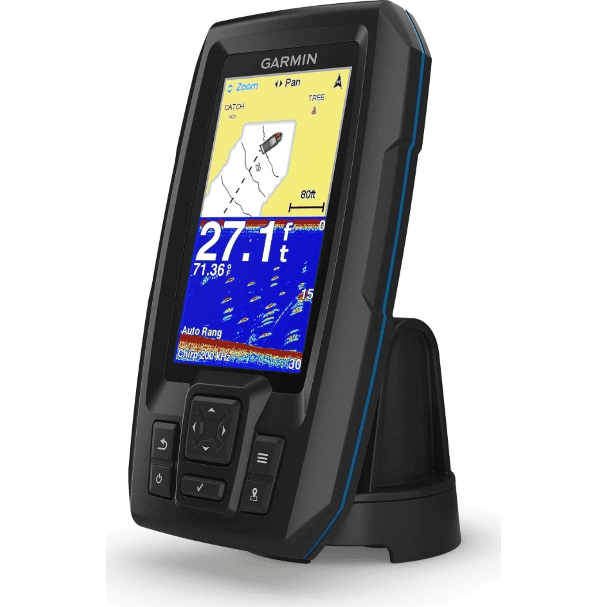 Garmin Striker Plus 4 fishfinder and GPS unit displayed at an angled front view showing the color display, depth reading, and control buttons.